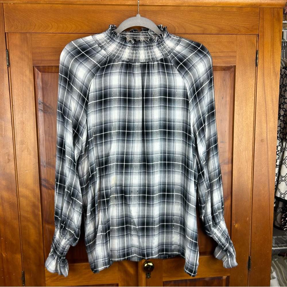 Jane and Delancey Plaid Smocked Sleeve Trim High Neck Cottagecore Flannel Top